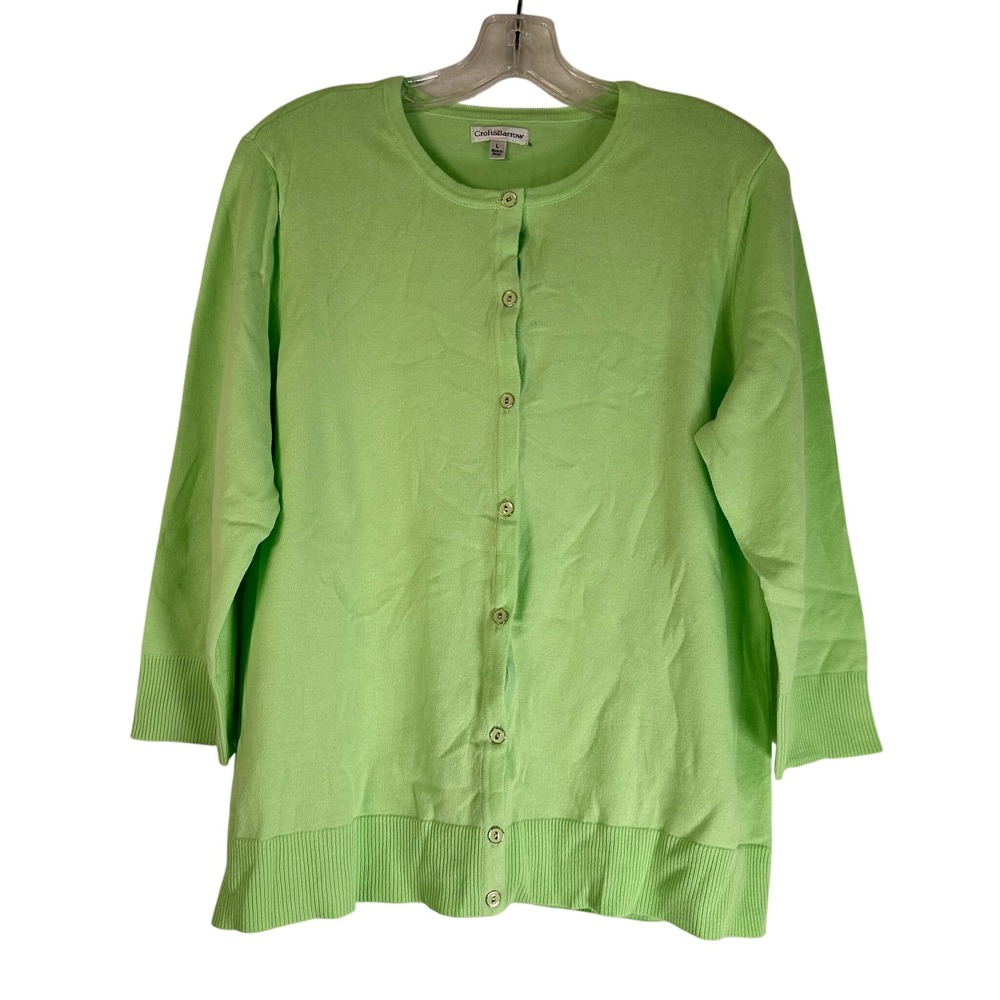 Croft & Barrow Womens Lime Green Button Front Cardigan Sweater Size L 3/4 Sleeve